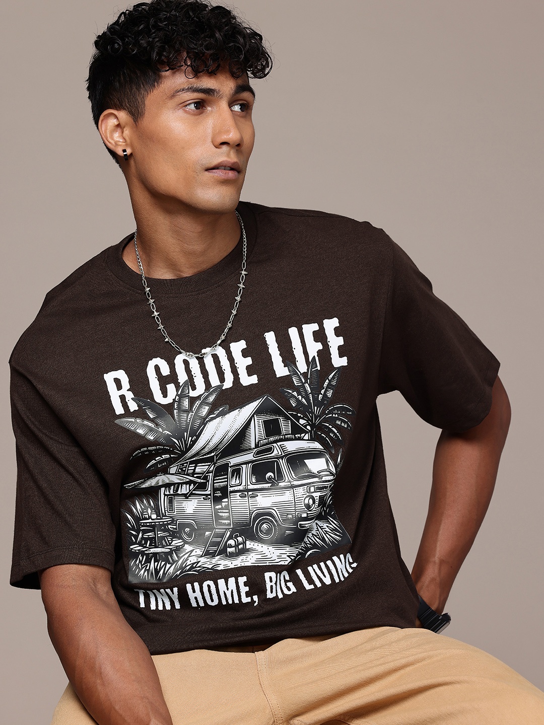 

R.Code by The Roadster Life Co. Graphic Printed Relaxed Fit T-shirt, Coffee brown
