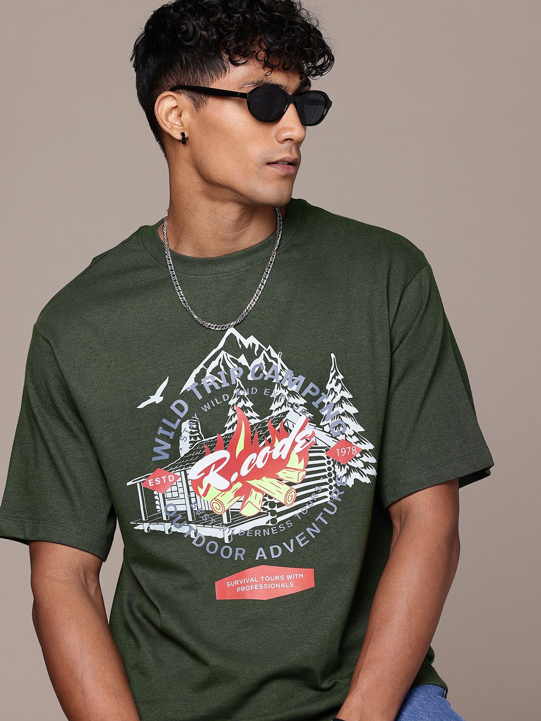 

R.Code by The Roadster Life Co. Men Printed Relaxed Fit T-shirt, Olive