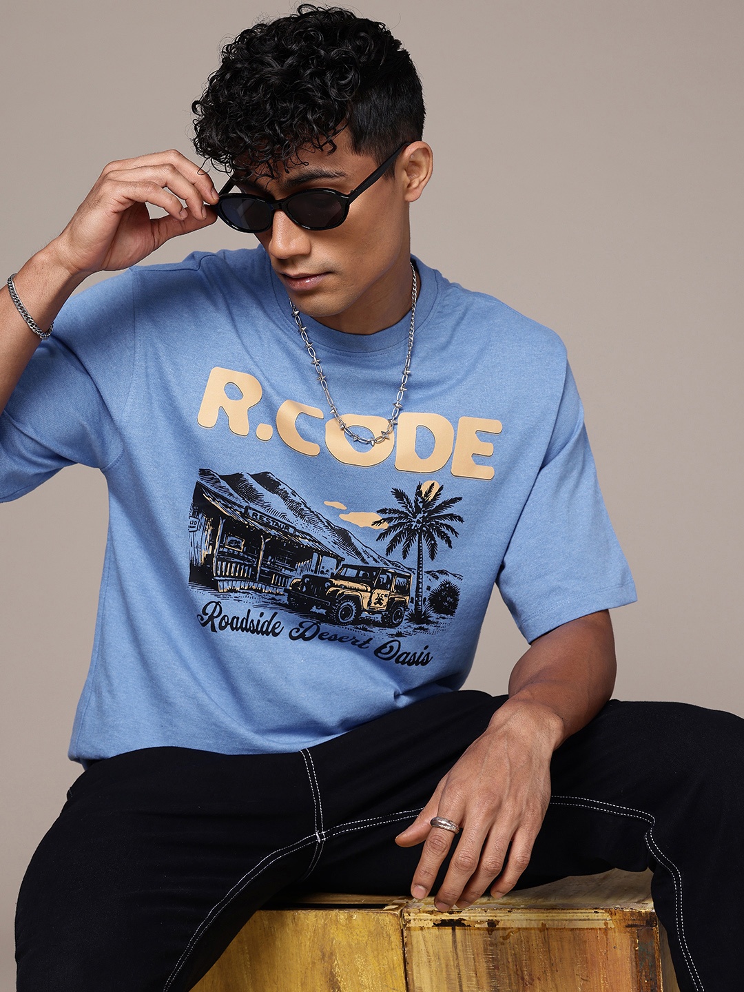 

R.Code by The Roadster Life Co. Graphic Printed Relaxed Fit T-shirt, Blue