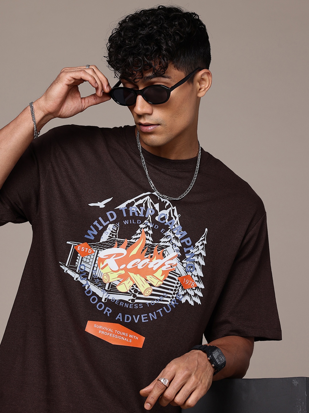 

R.Code by The Roadster Life Co. Graphic Printed Relaxed Fit T-shirt, Coffee brown