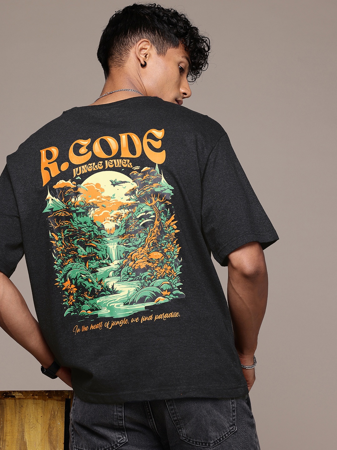 

R.Code by The Roadster Life Co. Men Printed Relaxed Fit T-shirt, Charcoal