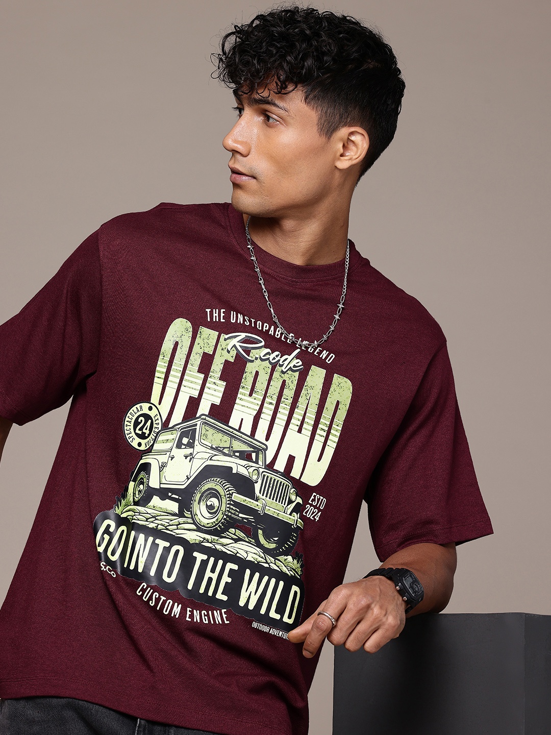 

R.Code by The Roadster Life Co. Men Printed Relaxed Fit T-shirt, Burgundy