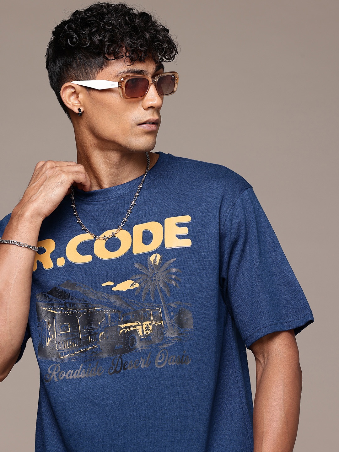 

R.Code by The Roadster Life Co. Typography Printed Relaxed Fit T-shirt, Blue