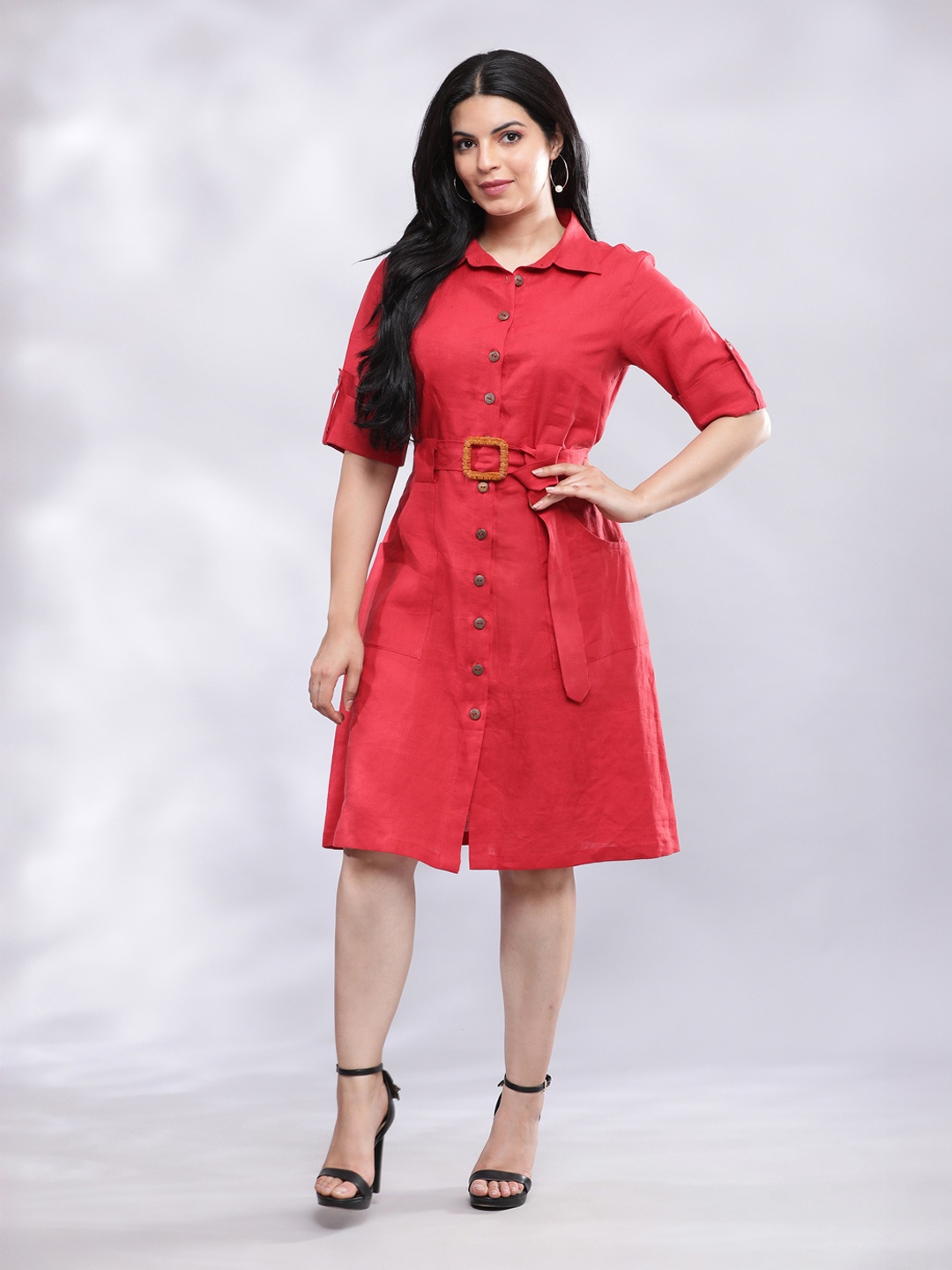 

BohoJazz Shirt Collar Smart Casual Linen Shirt Dress, Red