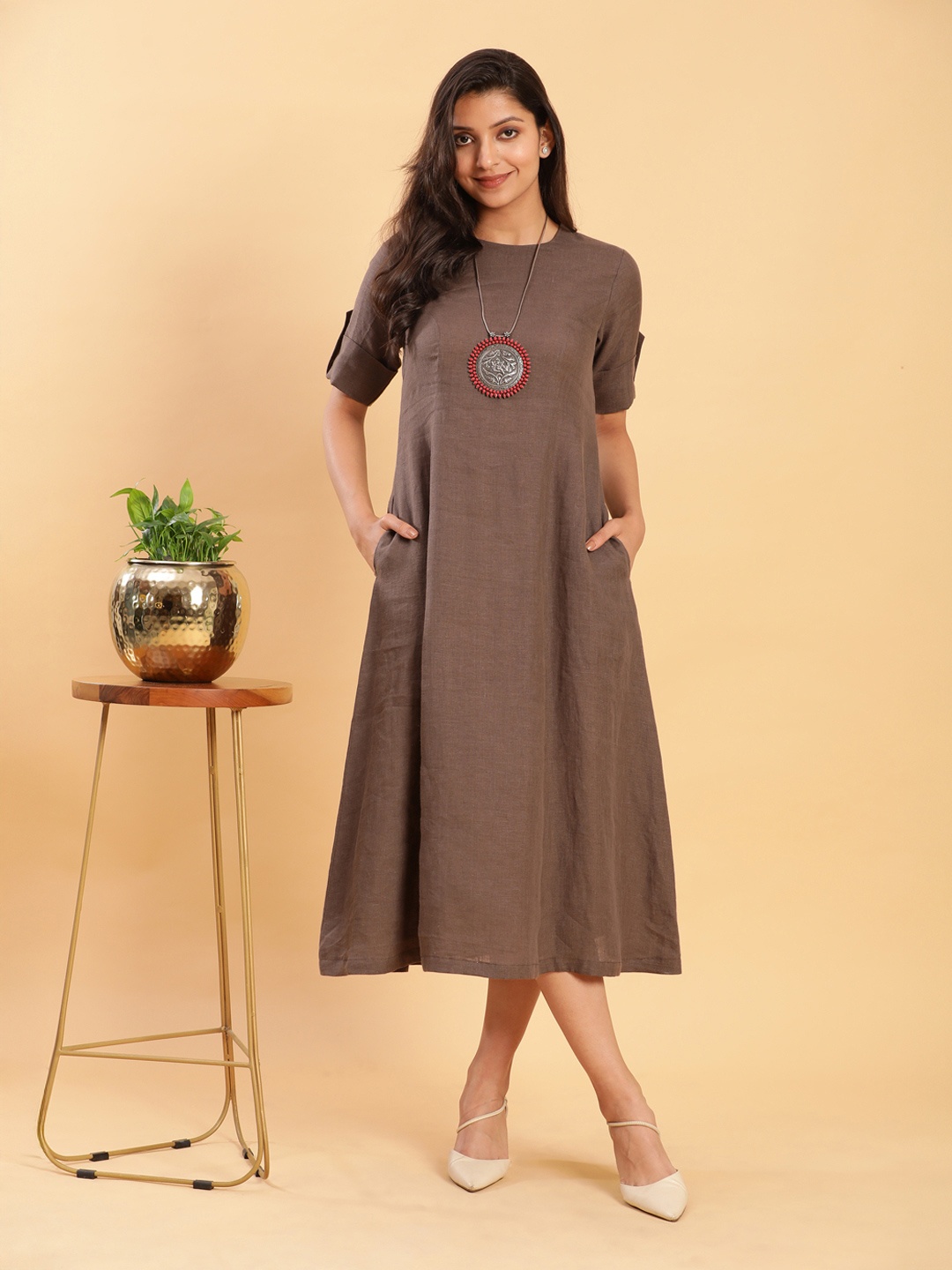 

BohoJazz Princess Cut Linen A-Line Midi Dress, Brown
