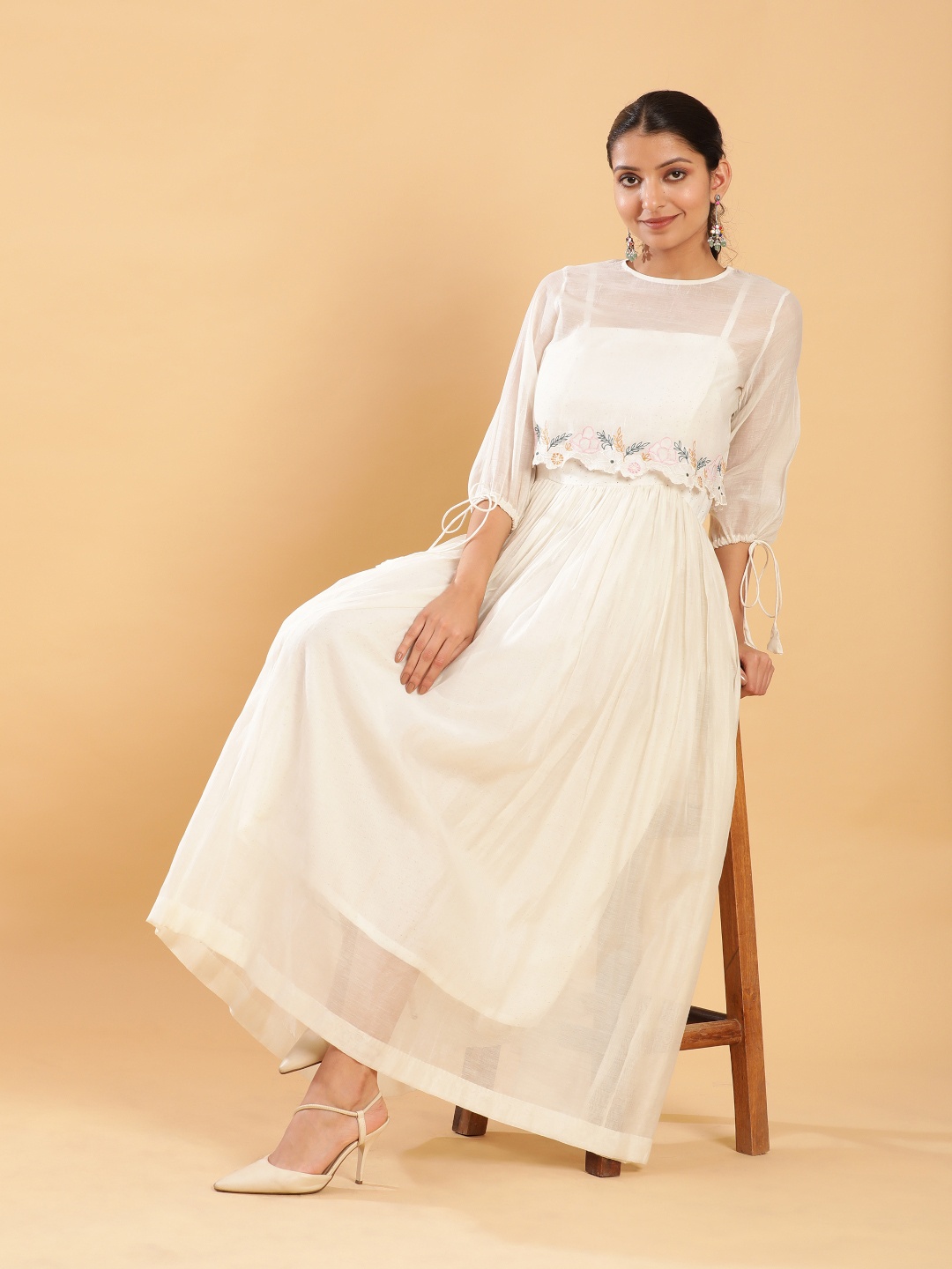 

BohoJazz Bohemian Signature Dress with Embroidered Mul Top, Off white