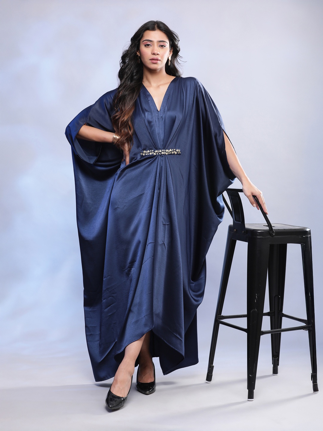 

BohoJazz Embellished Slit Sleeve Satin Maxi Dress, Navy blue