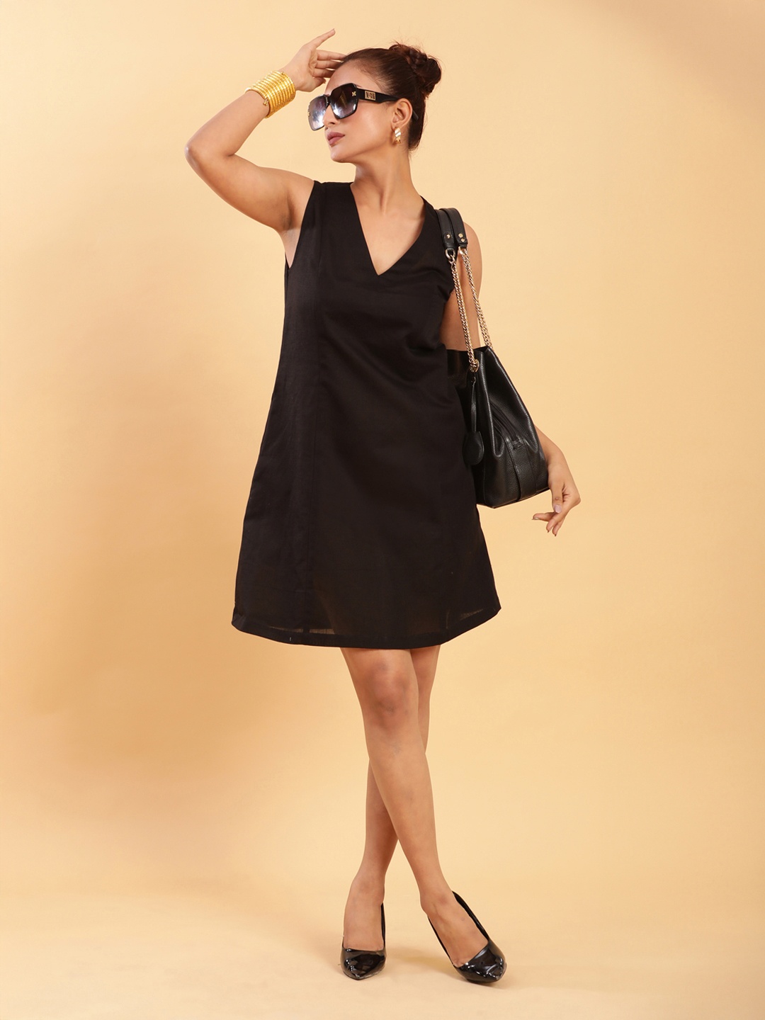 

BohoJazz V-Neck Linen A-Line Short Dress - LBD, Black