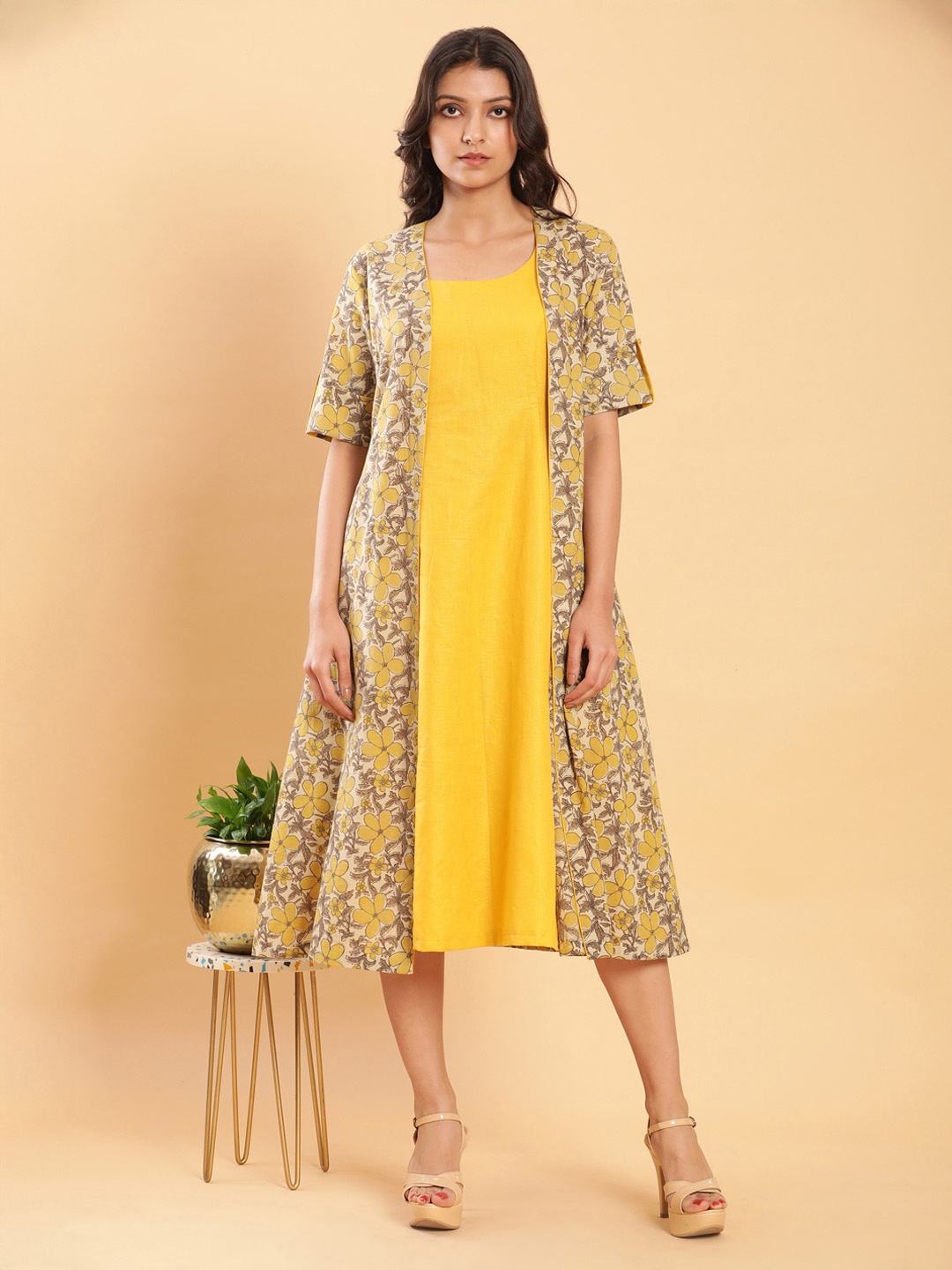 

BohoJazz Vegetable Dye Linen A-Line Dress with Jacket, Yellow