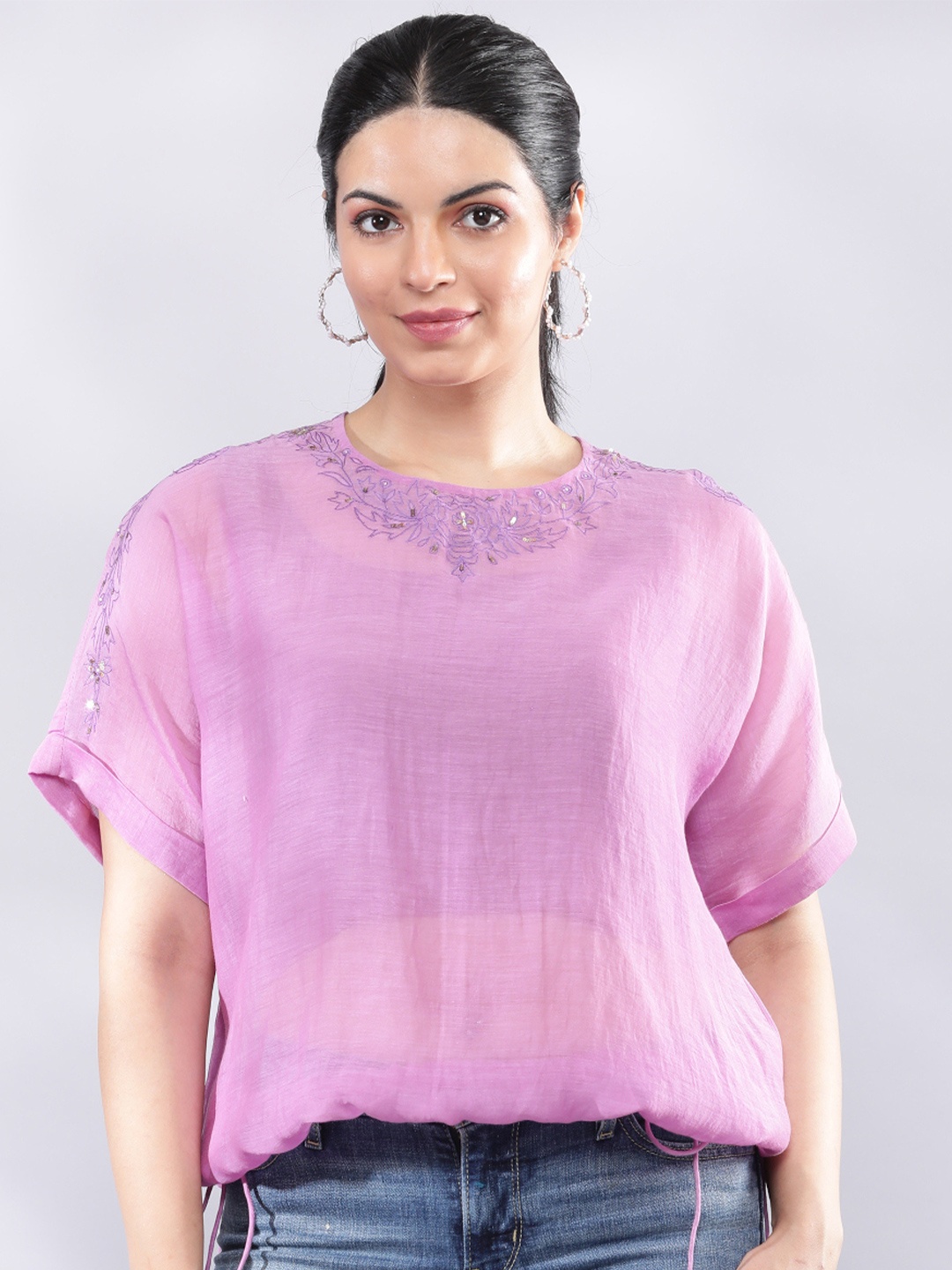 

BohoJazz Signature Mul Two Layer Blouson Kimono Top with Motif, Purple