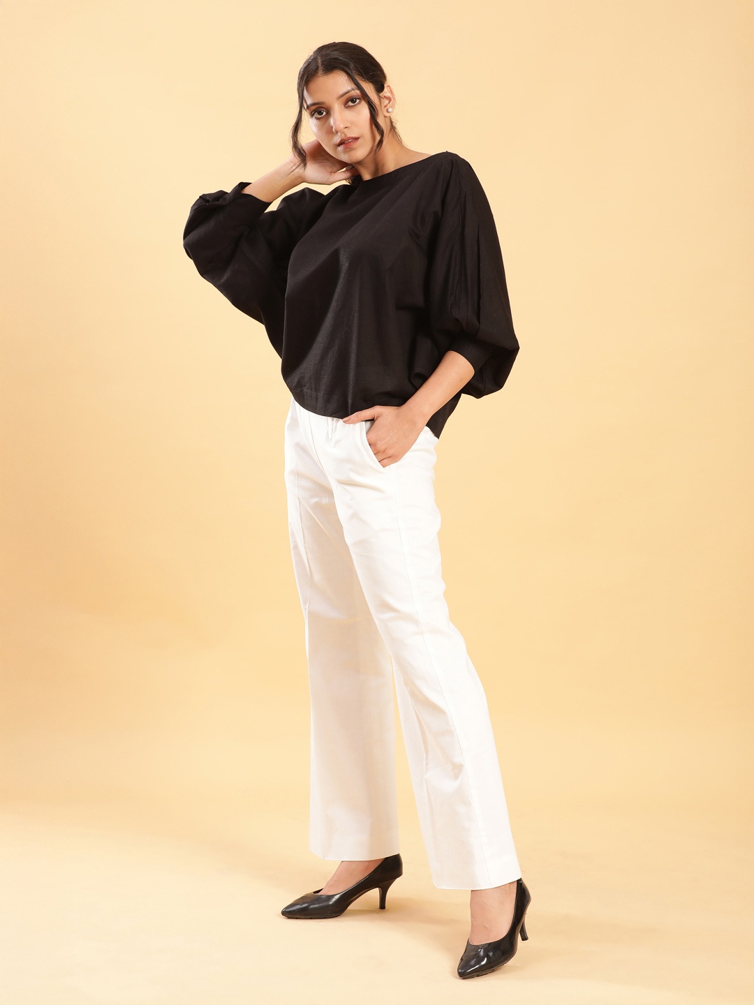 

BohoJazz Can Never Go Wrong Puffed Sleeves Linen Kimono Top with Bell Bottom Co-ord Set, Black