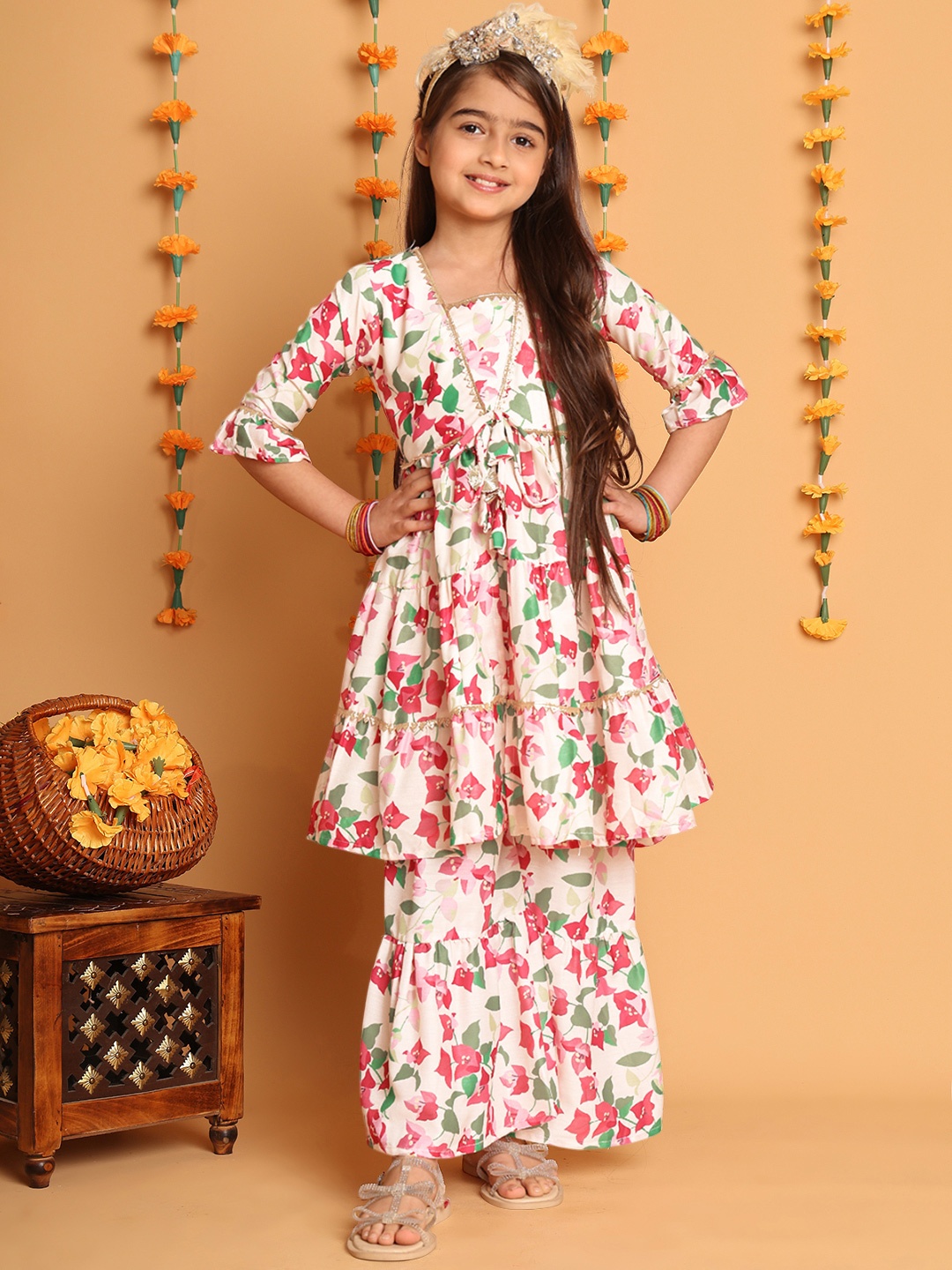 

BAESD Girls Floral Printed Tiered Kurta & Sharara, Off white