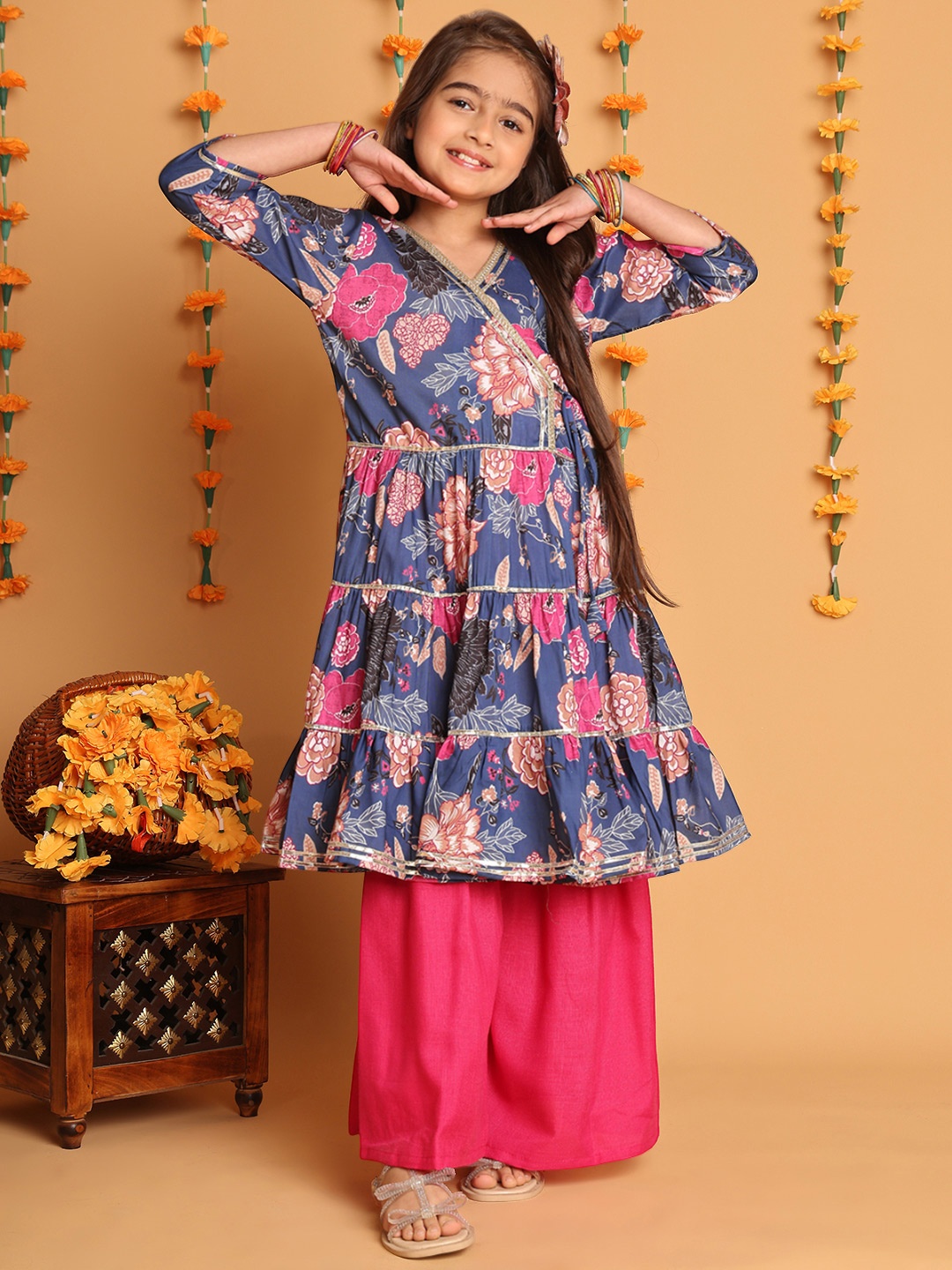 

BAESD Girls Floral Printed Angrakha Pure Cotton Gotta Patti Kurta Set, Navy blue