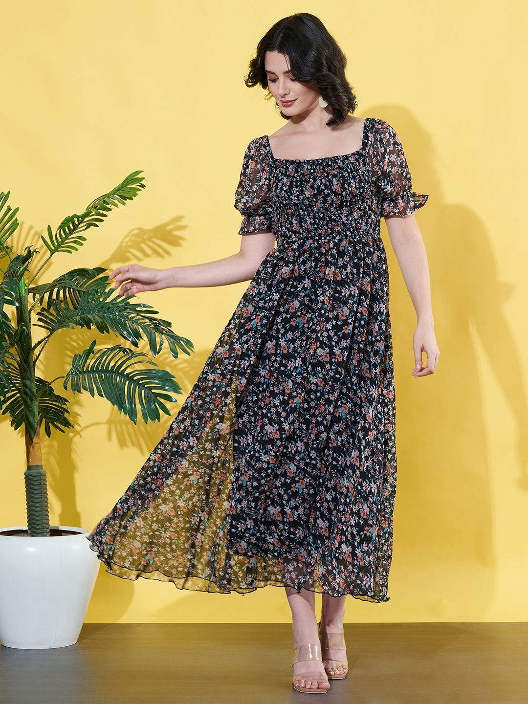 

ANVI Be Yourself Floral Print Puff Sleeve Georgette Fit & Flare Midi Dress, Black