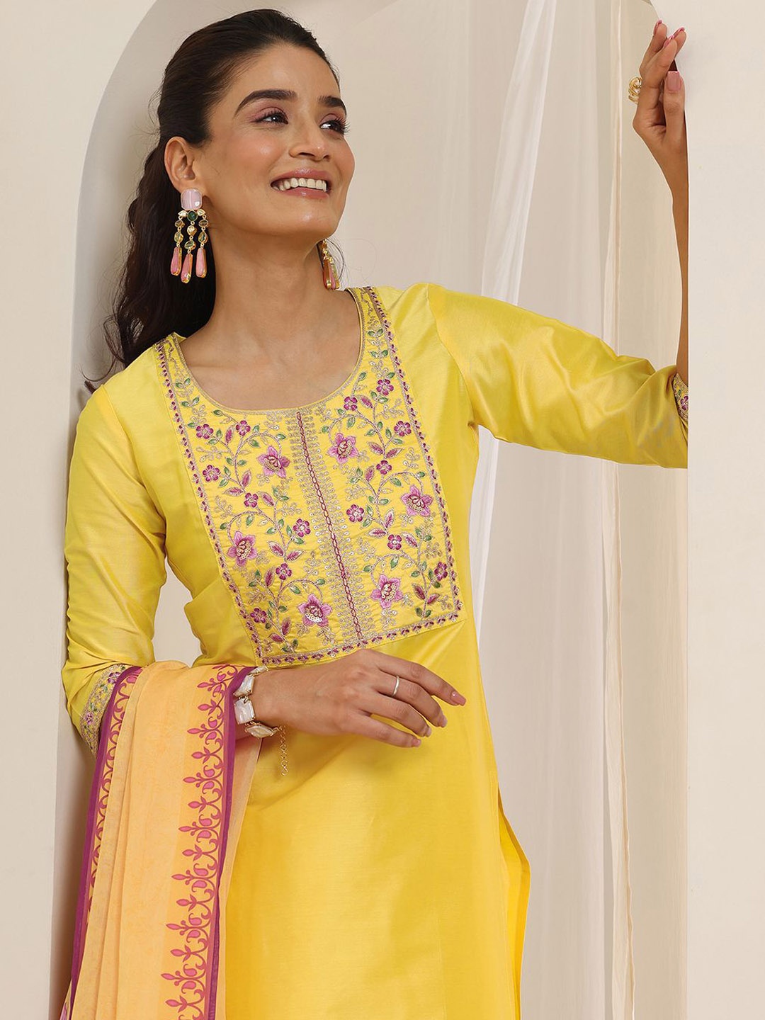 

Libas Yoke Design Straight Kurta With Trousers And Dupatta, Yellow
