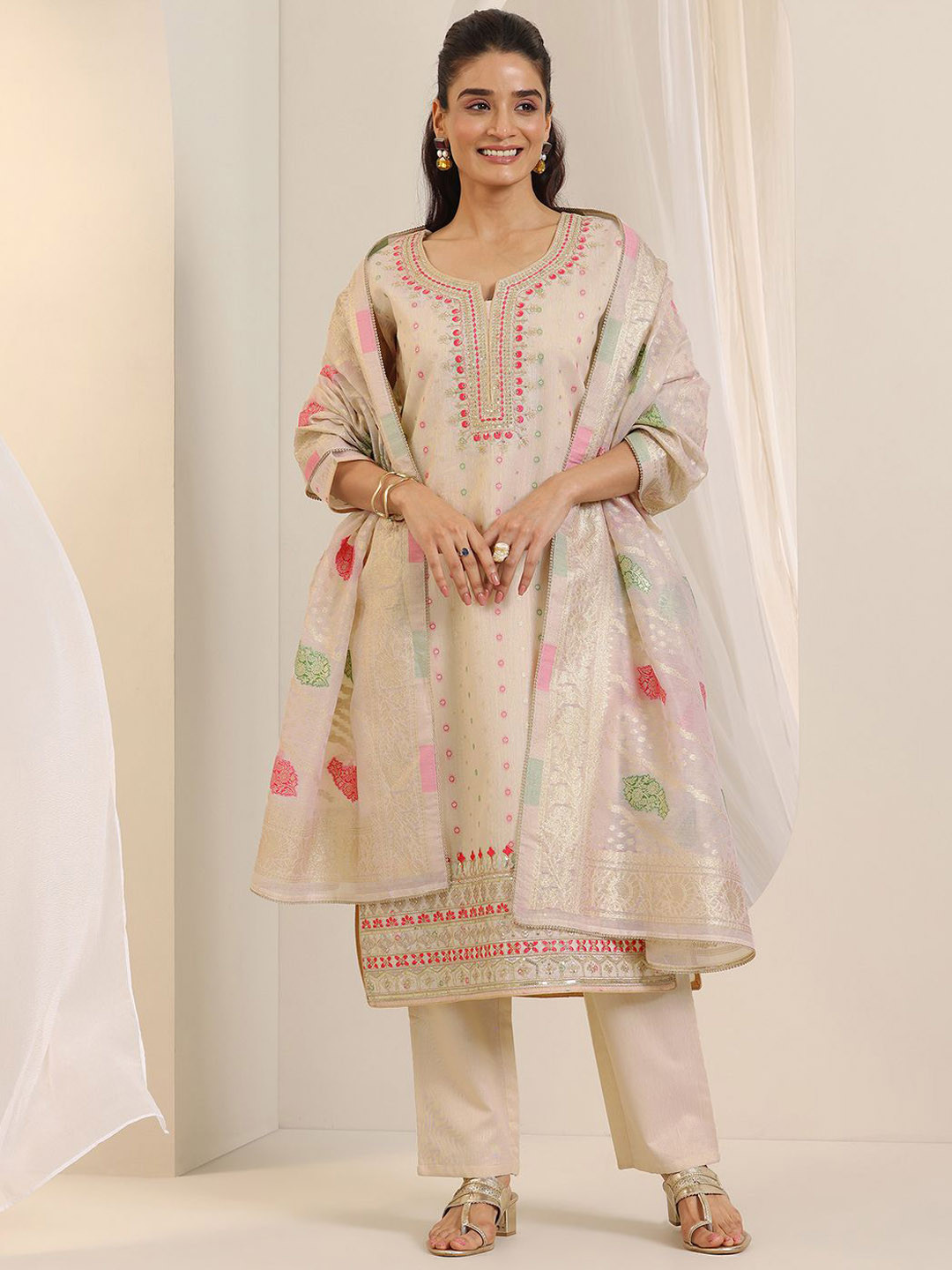 

Libas Ethnic Motifs Woven Design Thread Work Chanderi Silk Kurta With Trousers & Dupatta, Off white