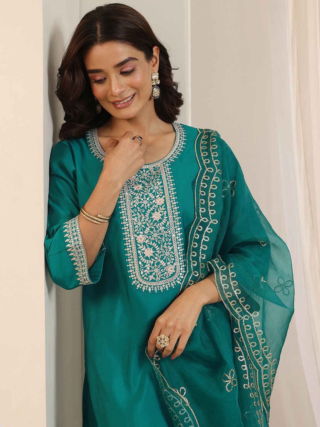 

Libas Floral Yoke Design Sequinned Straight Kurta With Trousers And Dupatta, Turquoise blue