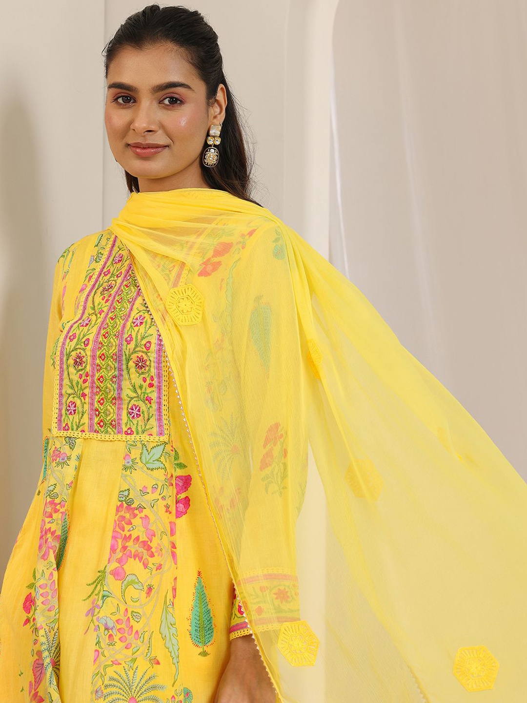 

Libas Floral Printed Panelled Beads And Stone Work Anarkali Kurta With Trousers & Dupatta, Yellow