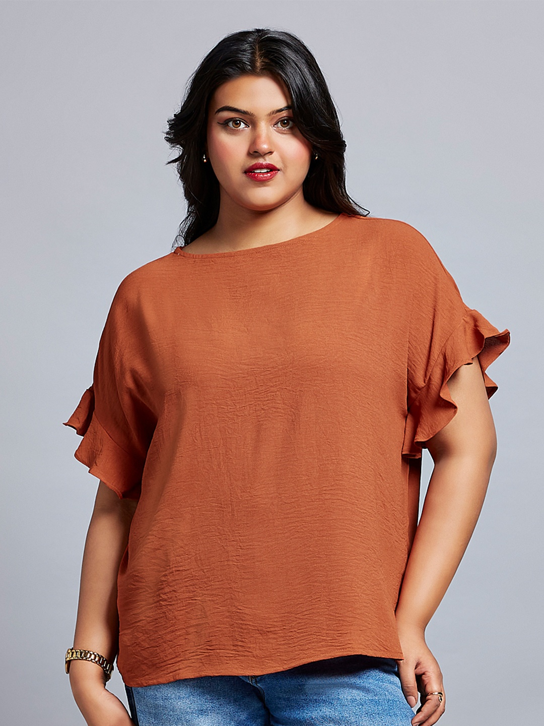 

Globus Gloplus Round Neck Extended Ruffle Sleeves Plus Size Workwear Top, Rust