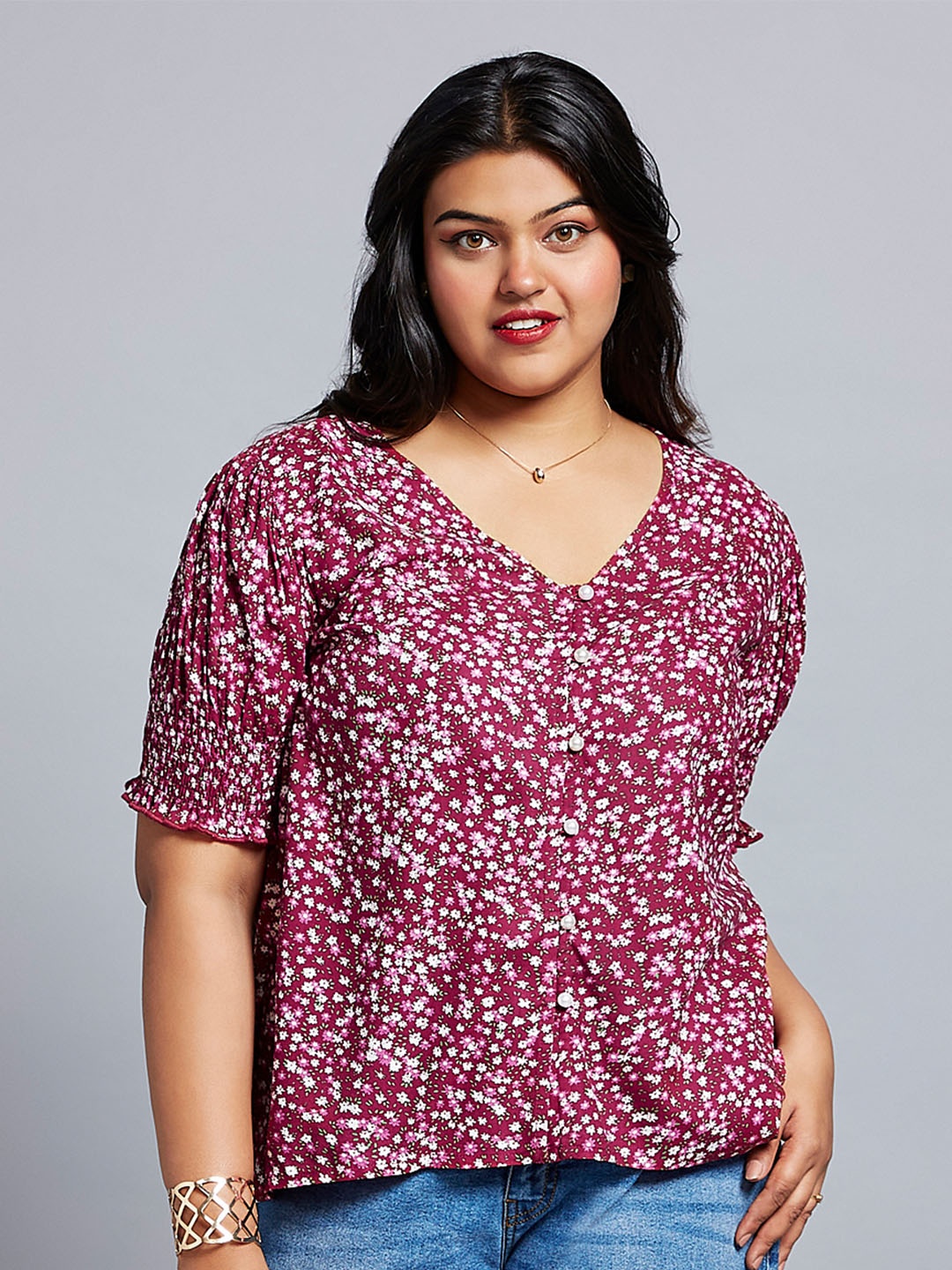 

Globus Gloplus Floral Print V-neck Puff Sleeves Plus Size Workwear Top, Pink