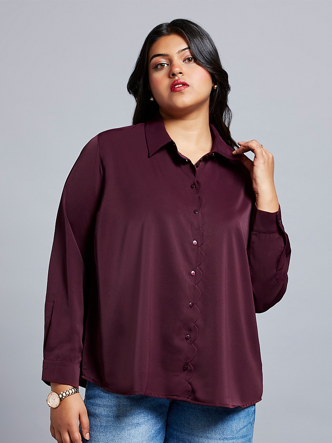 

Globus Gloplus Collared Neck Cuff Sleeves Shirt Style Plus Size Workwear Top, Burgundy