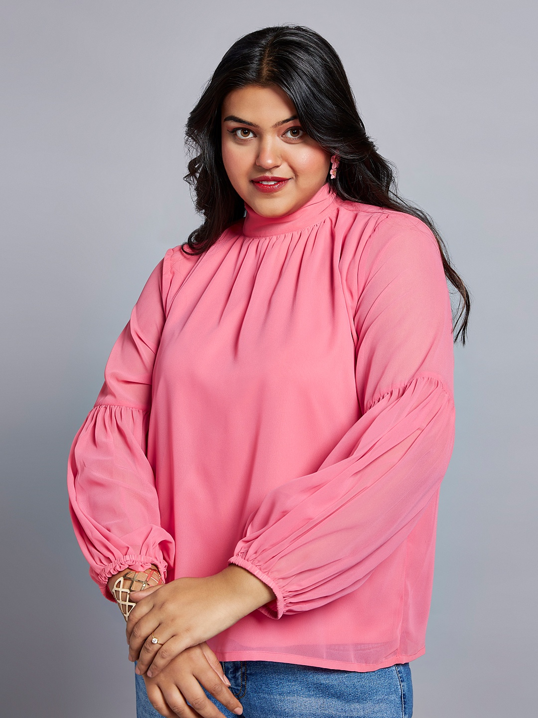 

Globus Gloplus Tie-up High Neck Bishop Sleeves Georgette Plus Size Workwear Top, Pink