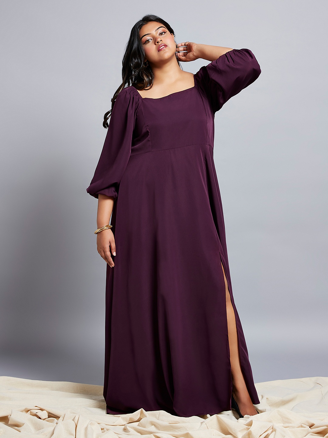 

Globus Gloplus Square Neck Bishop Sleeves Flared Hem Side Slit A-Line Plus Size Dress, Purple