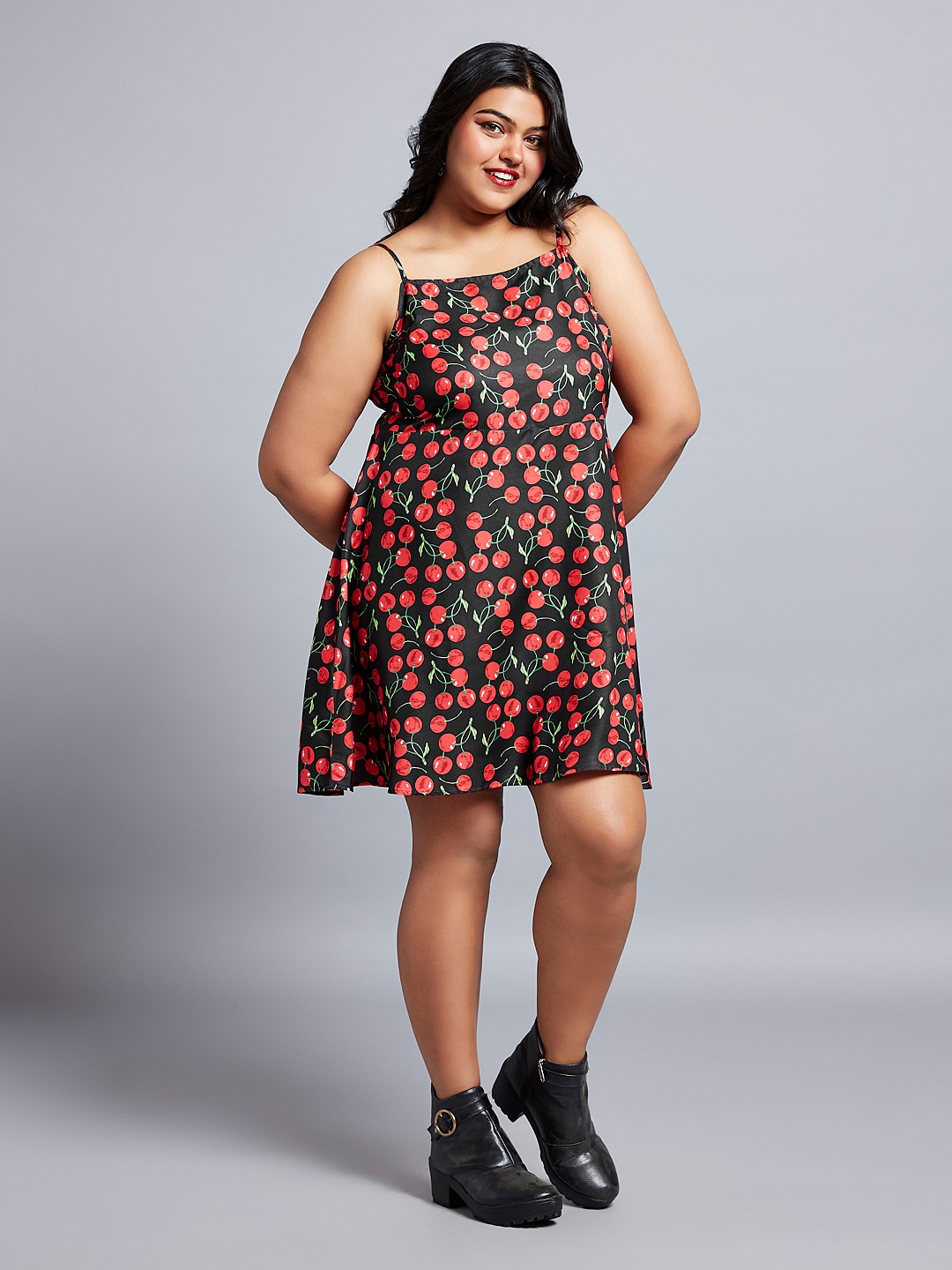 

Globus Gloplus Cherry Print Square Neck Strappy Sleeves A-Line Mini Plus Size Dress, Red
