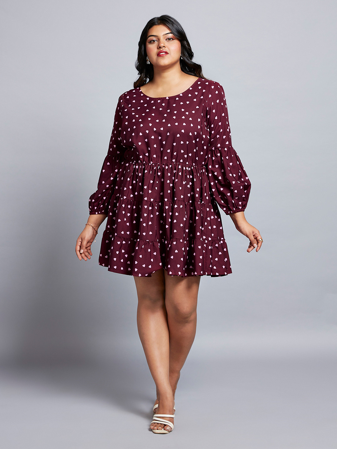 

Globus Gloplus Round Neck Bishop Sleeves Fit & Flare Tiered Mini Plus Size Workwear Dress, Maroon