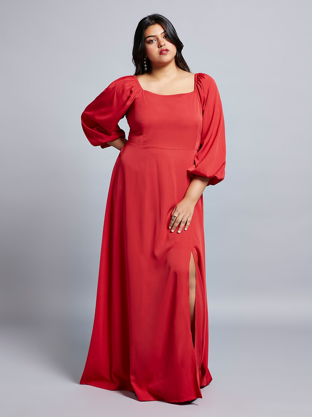 

Globus Gloplus Square Neck Bishop Sleeves Flared Hem Side Slit A-Line Plus Size Dress, Red