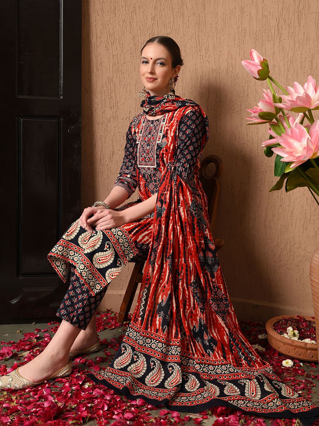 

Anouk Women Paisley Printed Regular Mirror Work Pure Cotton Kurta with Trousers & With Dupatta, Red