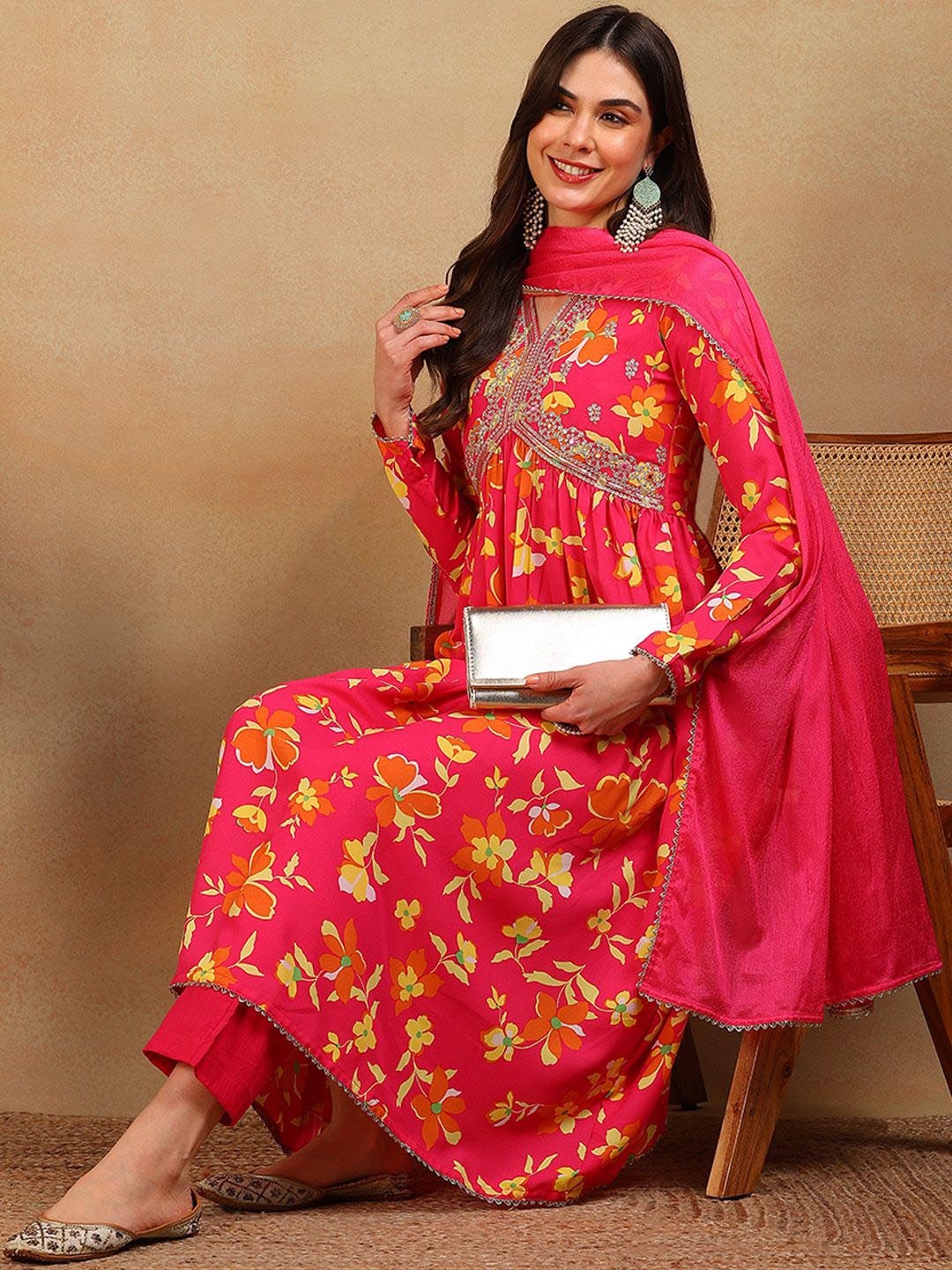 

House of Pataudi Floral Printed Anarkali Kurta Trouser With Dupatta, Pink