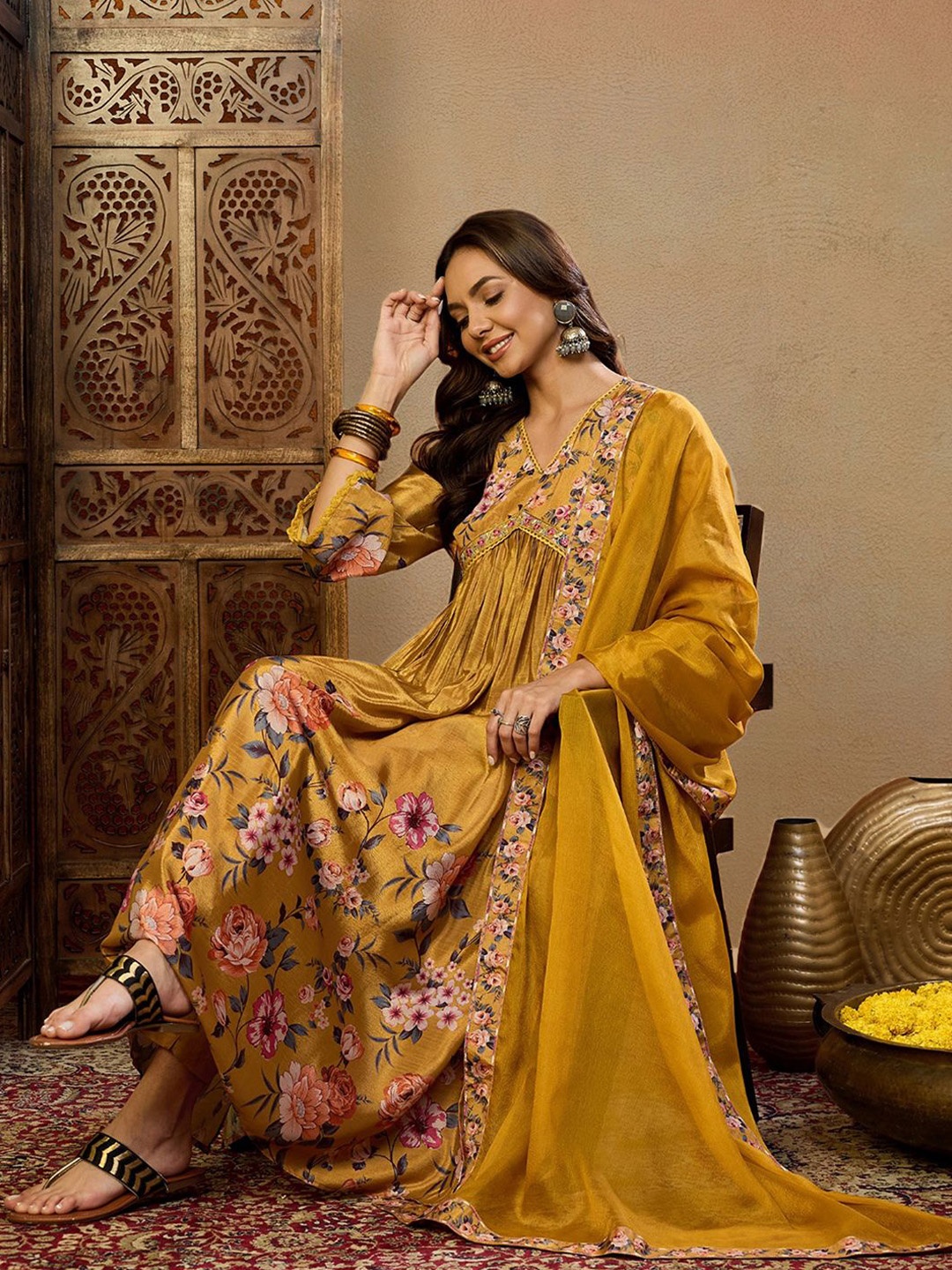 

House of Pataudi Floral Printed A-Line Kurta Trouser With Dupatta, Mustard