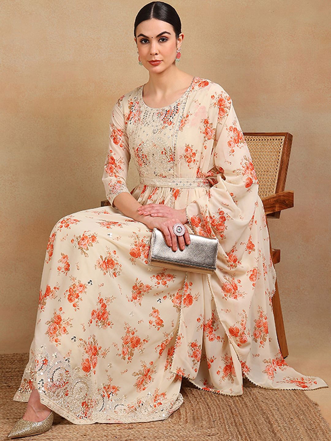 

House of Pataudi Floral Printed Anarkali Kurta Trouser With Dupatta, Off white
