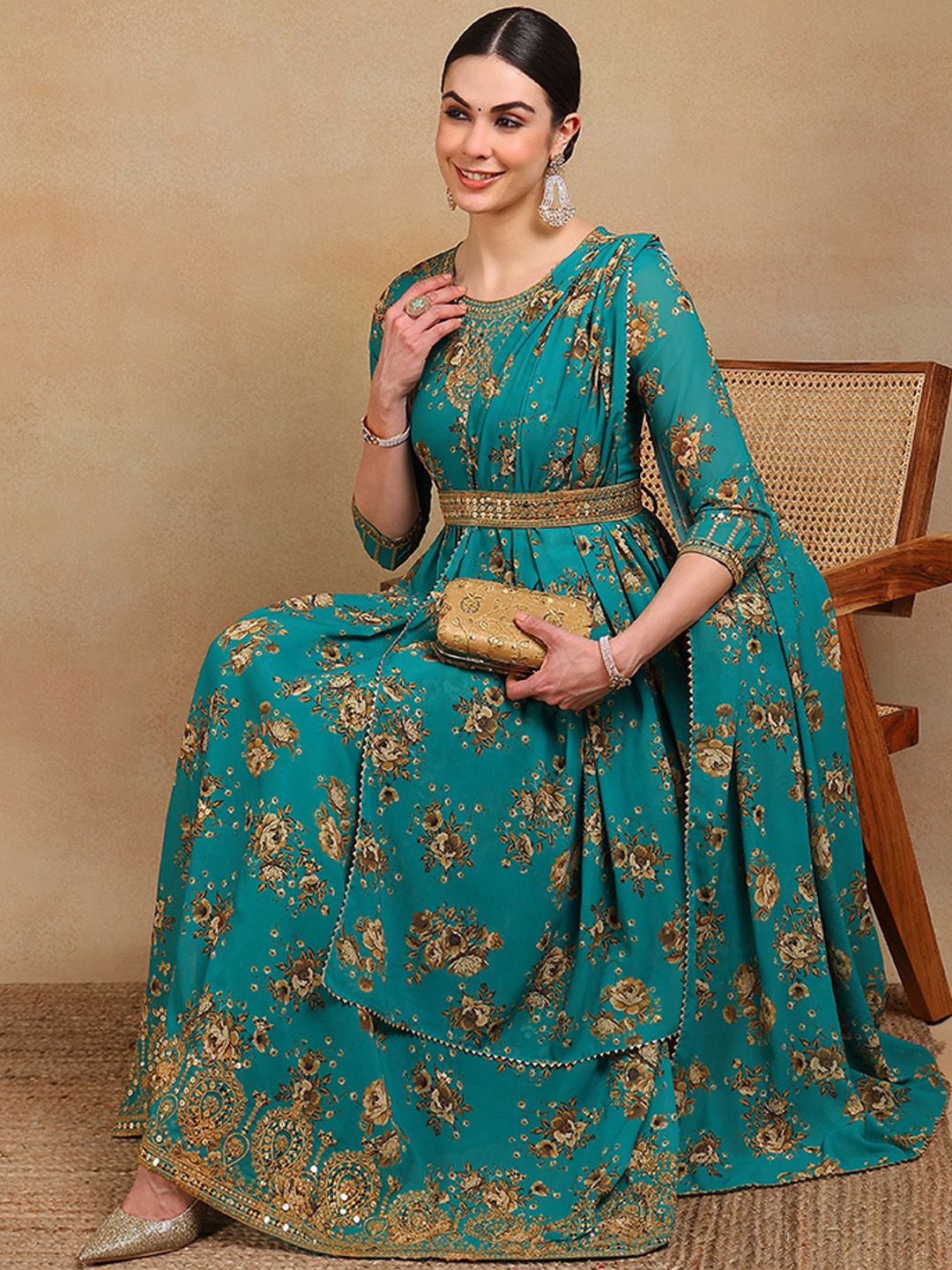 

House of Pataudi Floral Printed Anarkali Kurta Trouser With Dupatta, Green