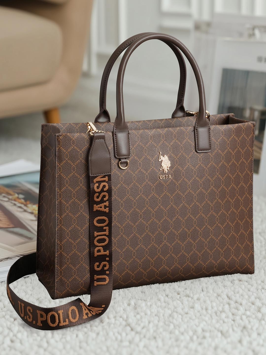 

U.S. Polo Assn. Women Printed PU Structured Tote Bag, Brown