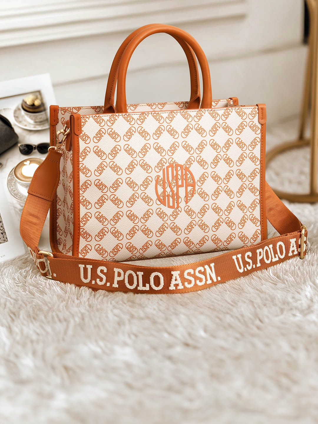 

U.S. Polo Assn. Women Printed PU Structured Satchel, Off white