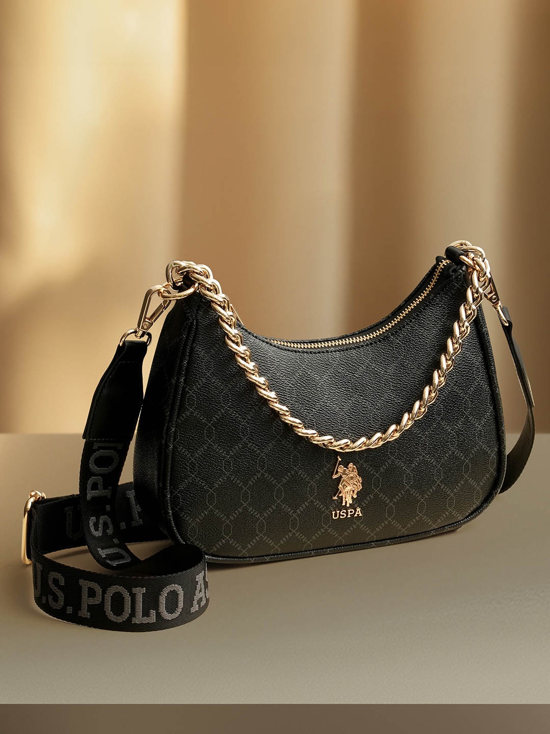 

U.S. Polo Assn. Women Printed PU Structured Shoulder Bag, Black