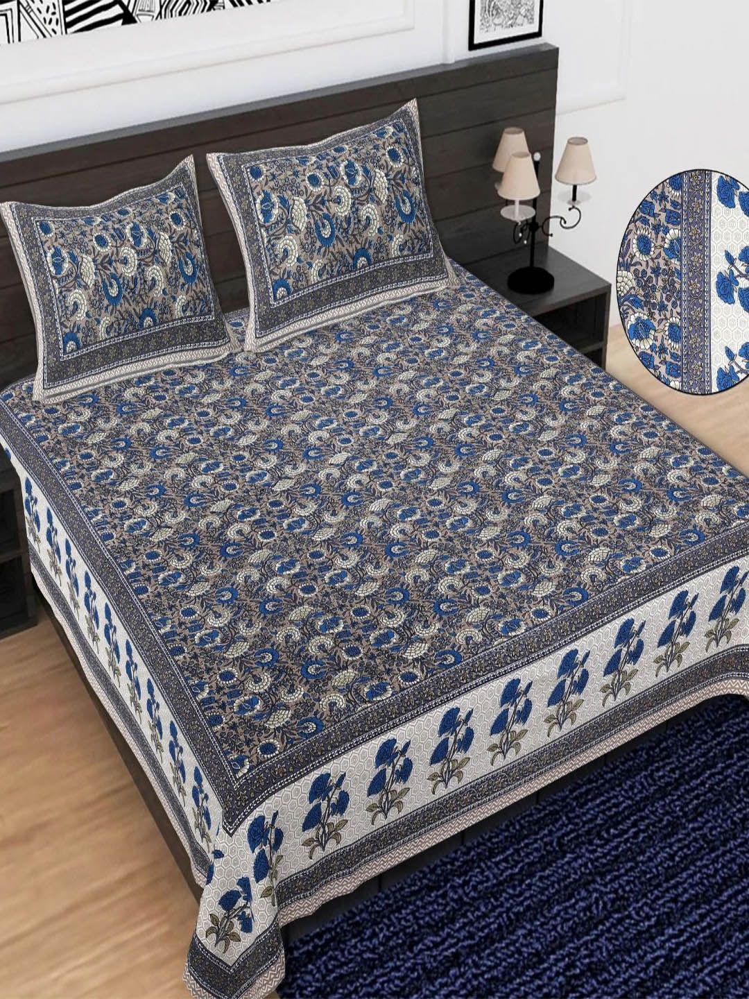 

Butea Crape Grey & Blue Floral Printed Cotton 144 TC King Bedsheet Set 2.40m x 2.15m