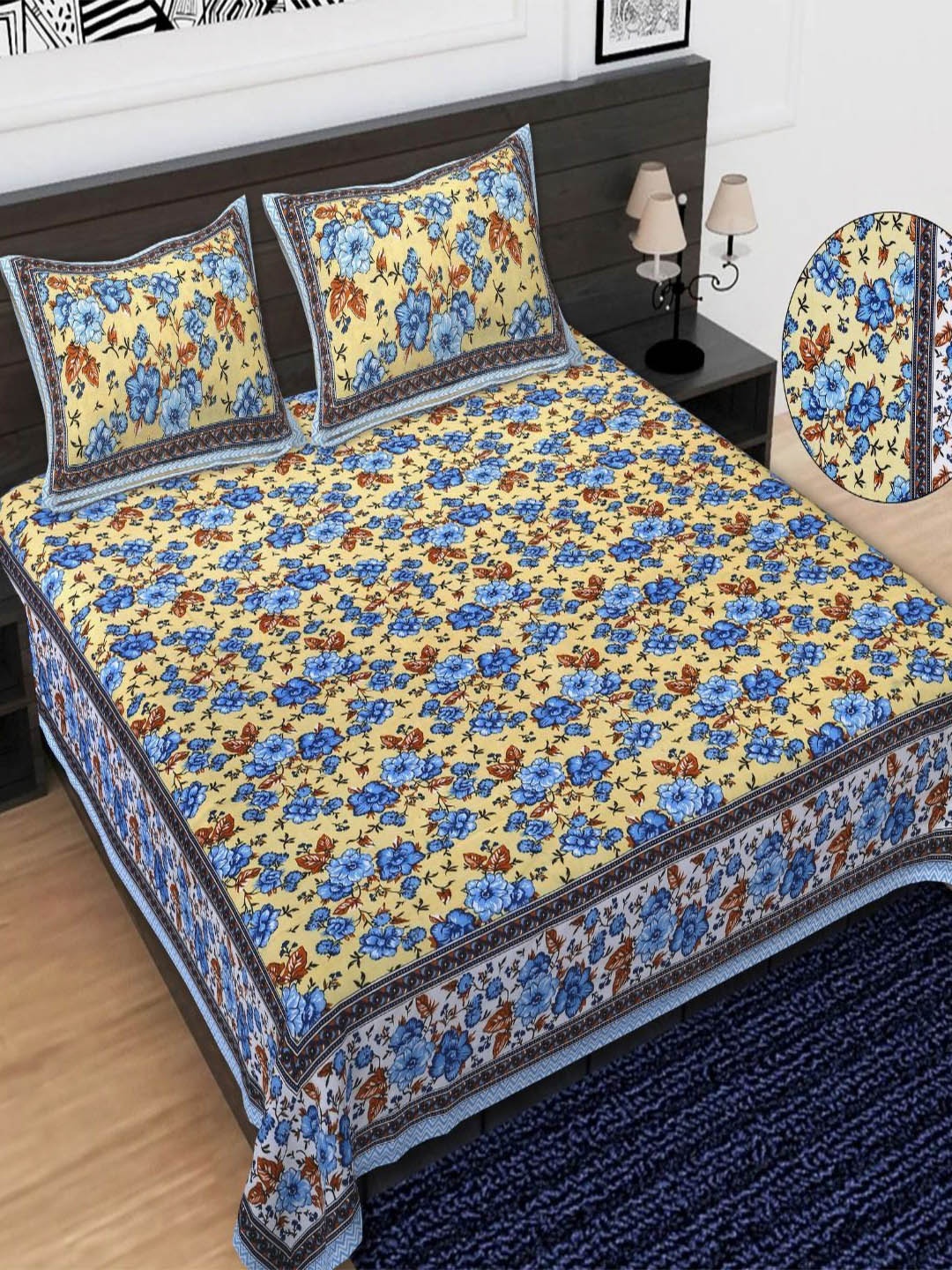 

Butea Crape Blue & Yellow Floral Printed Cotton 144 TC King Bedsheet Set 2.40m x 2.15m