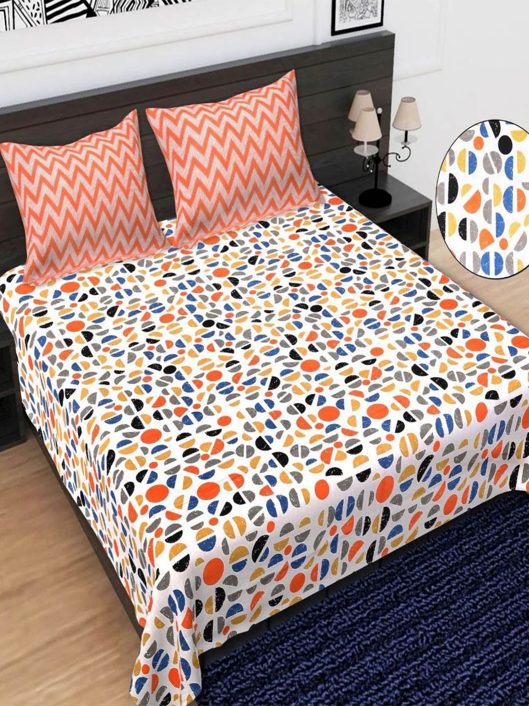 

Butea Crape White & Orange Geometric Printed Cotton 144 TC King Bedsheet Set 2.40m x 2.15m
