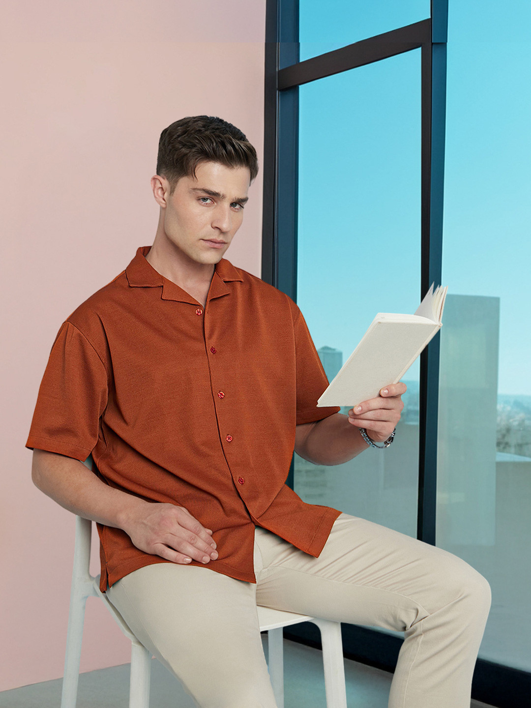 

Dennis Lingo Men Textured Cuban Collar Half Sleeves Relaxed Fit Shirt, Rust