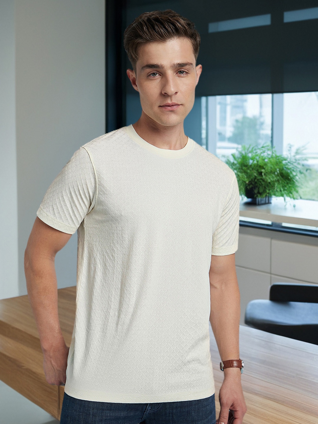 

Dennis Lingo Men Textured Round Neck Half Sleeves Regular Fit T-shirt, Off white