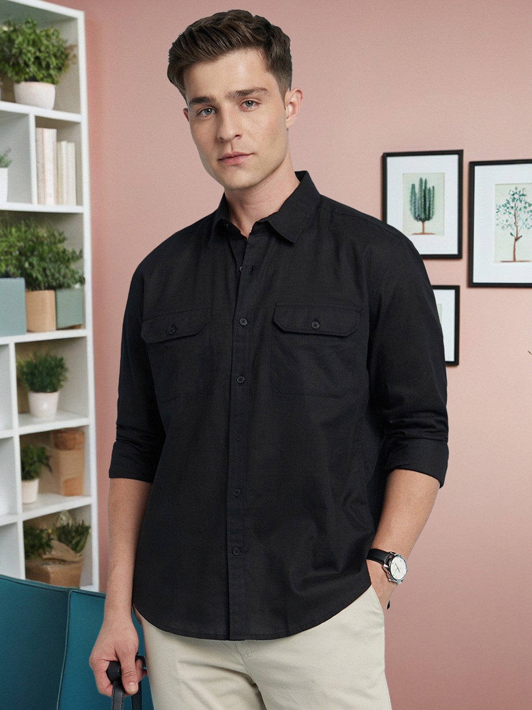 

Dennis Lingo Men Linen Viscose Spread Collar Full Sleeves Regular Fit Shirt, Black