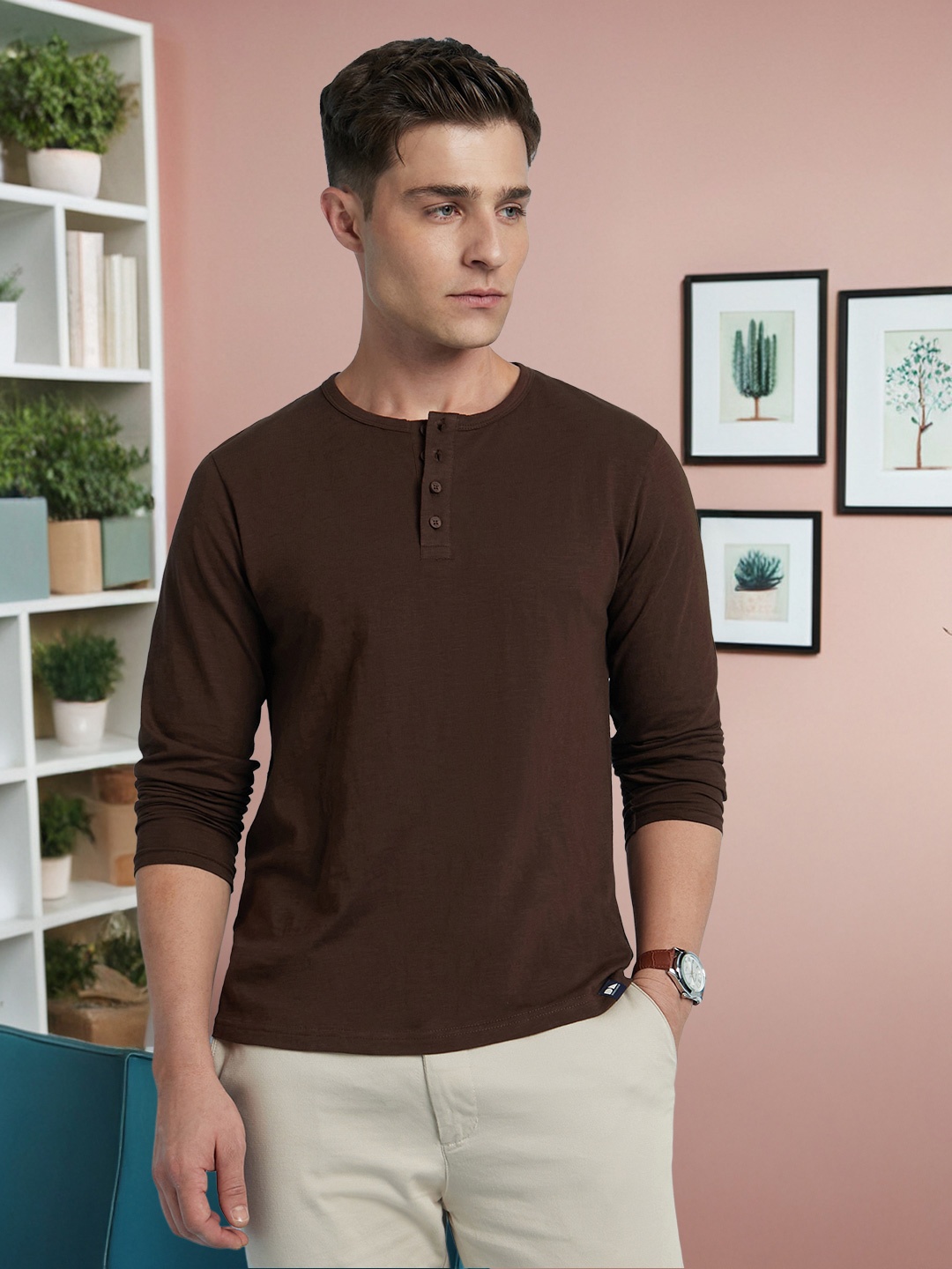 

Dennis Lingo Men Self Design Round Neck Full Sleeves Pure Cotton T-shirt, Brown