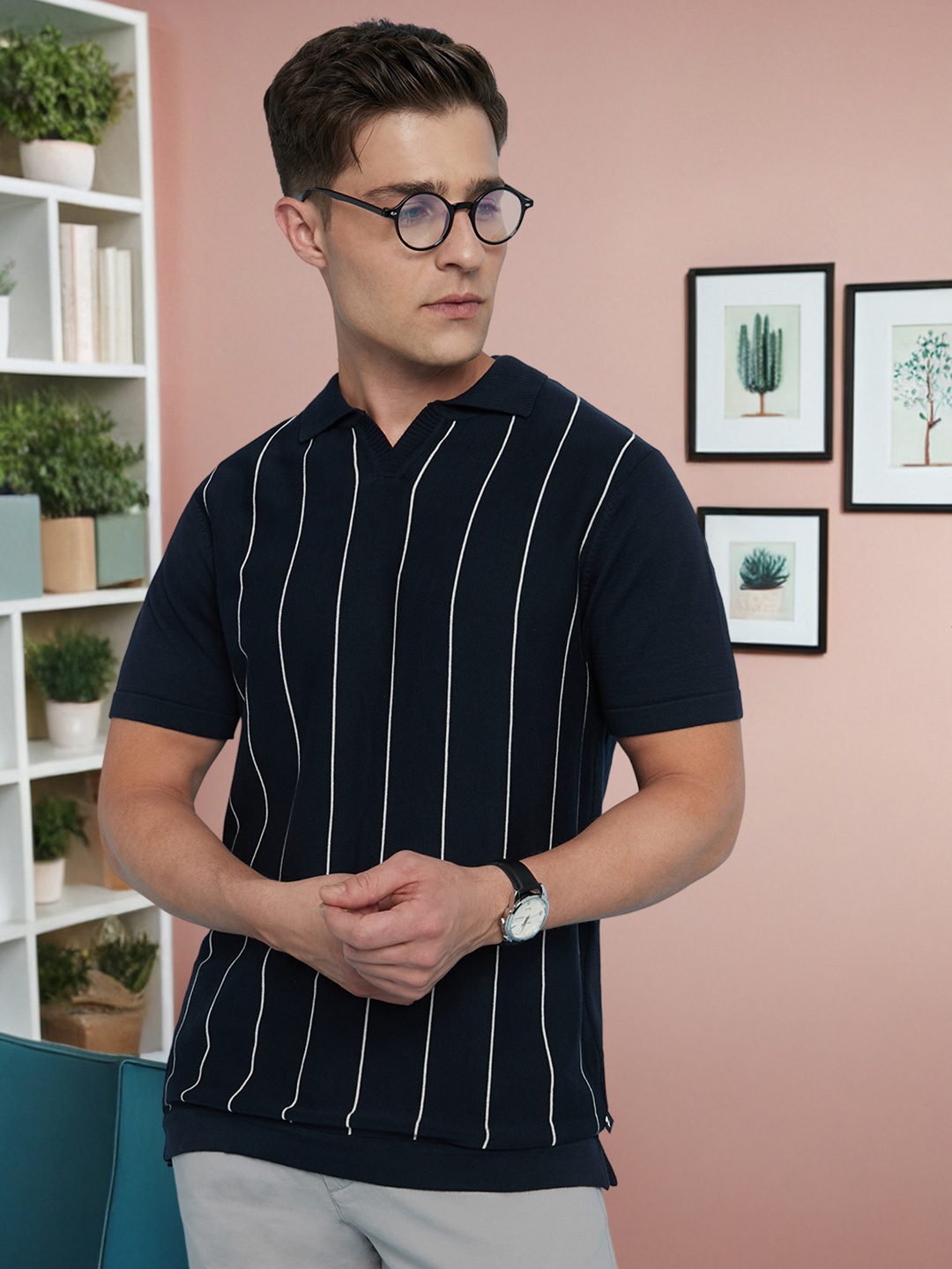 

Dennis Lingo Men Striped Polo Collar Pure Cotton Flat Knit T-shirt, Navy blue