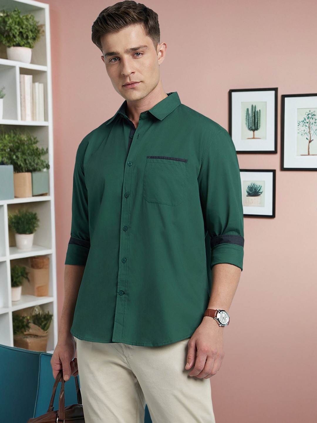 

Dennis Lingo Men Solid Spread Collar Full Sleeves Regular Fit Shirt, Green