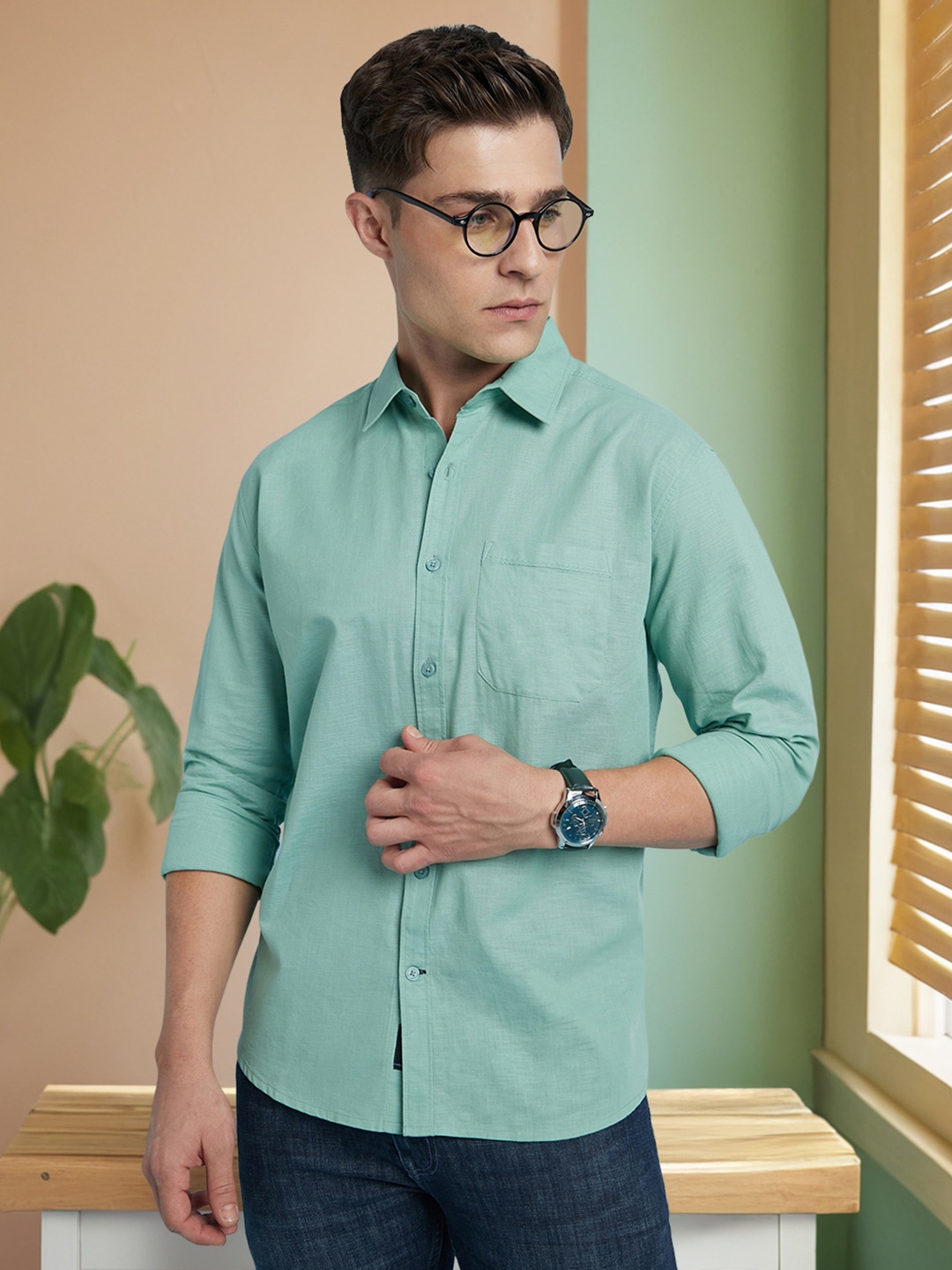 

Dennis Lingo Men Self Design Spread Collar Full Sleeves Casual Shirt, Green