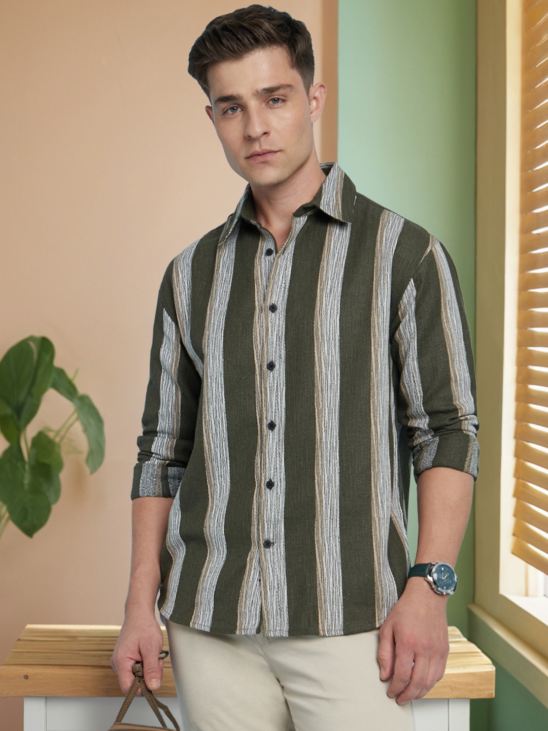 

Dennis Lingo Men Striped Spread Collar Full Sleeves Relaxed Fit Shirt, Olive