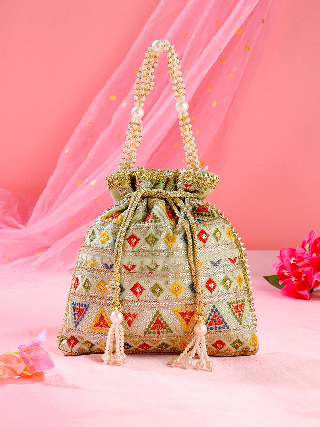 

Yellow Chimes Printed Potli Clutch, Beige